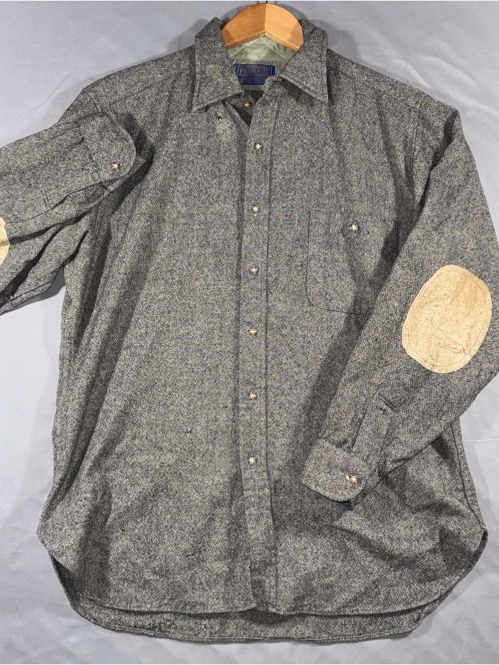 Vintage Pendleton Grey Tweed Wool Elbow Patch Trail Shirt Size L